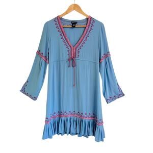 Moda Int’l Embroidered Tibbon Bohemian Dress Sz M Blue Pink Festival